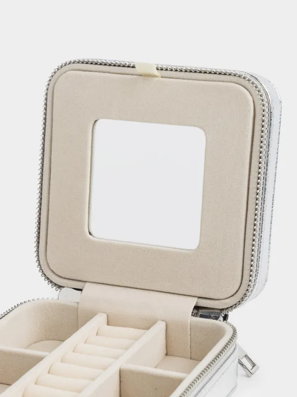 Jewelry box, 12x12 cm, with mirror, PU leather / MDF, silver, Premiere small, image-5