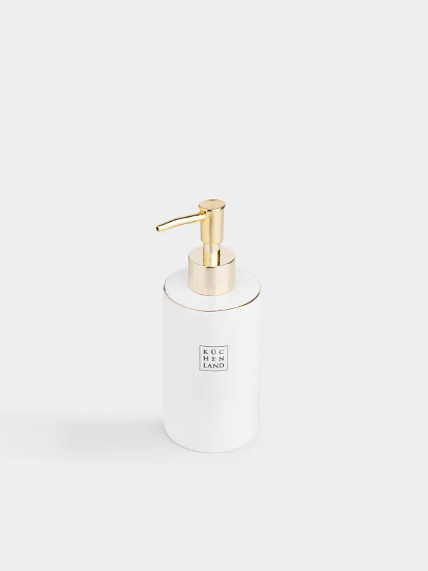 Liquid soap dispenser, 330 ml, ceramic / plastic, white and gold, Freya, image-1