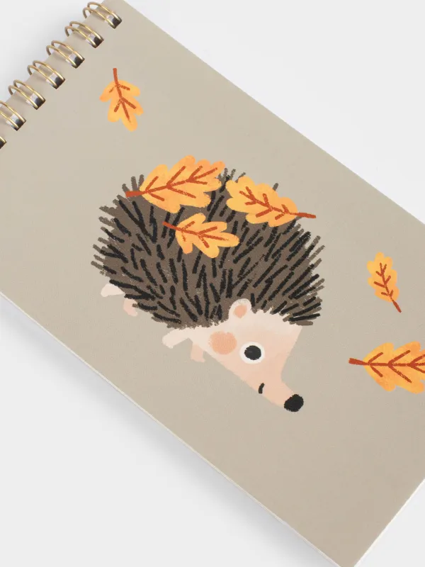 Notepad for notes, 9x16 cm, 100 l, on rings, cardboard, Hedgehog with leaves, Forest animals, image-2