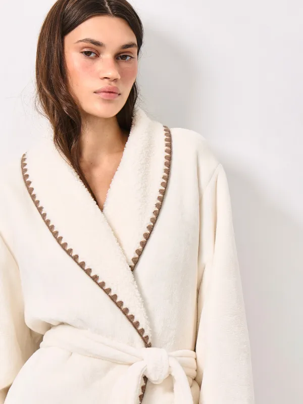 Women's robe, homewear, size L / XL, with long sleeve, boucle/flannel, milky, Curly, image-2