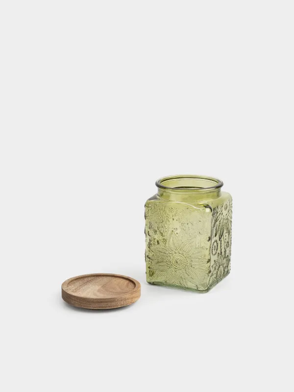 Bulk products jar, 750 ml, glass R / wood, green, Flowers, Bloome wood, image-3
