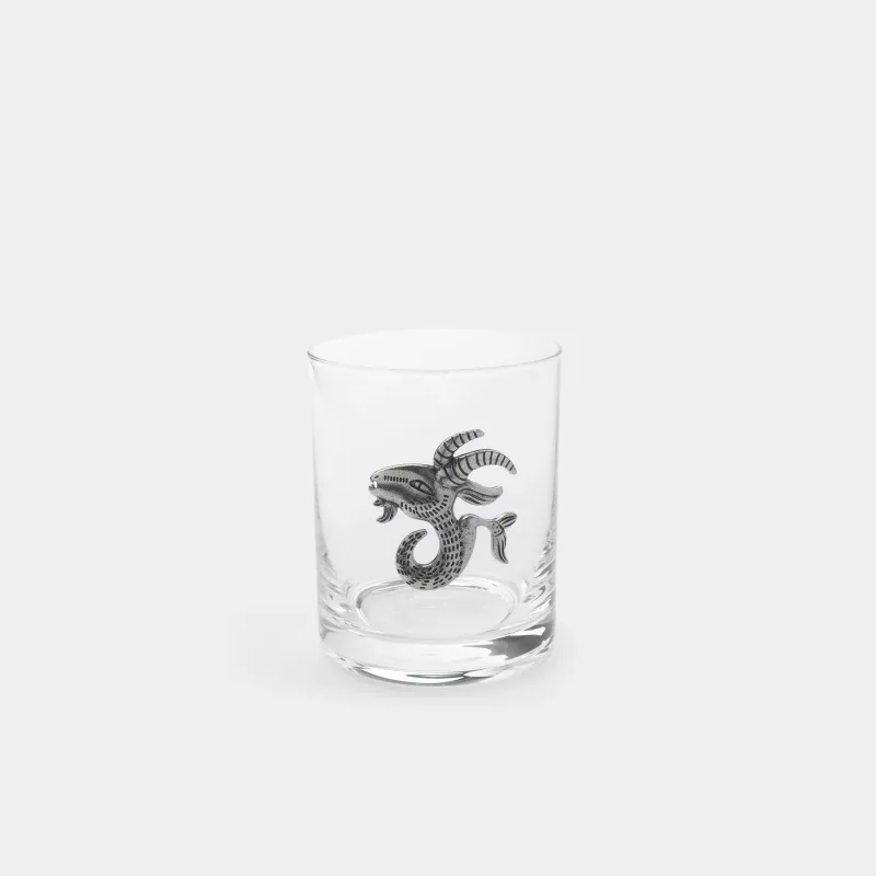 Whiskey glass, 10 cm, 340 ml, glass / metal, silver, Capricorn, Zodiac