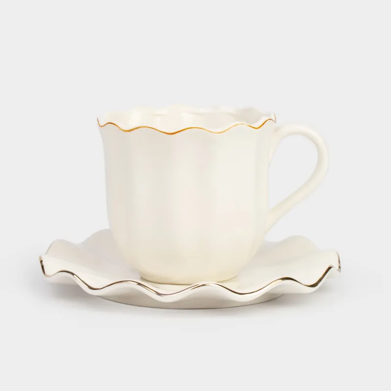 Tea pair, 1 person, 2 items, 350 ml, porcelain P, with golden edging, Wavy edge, Crumple gold