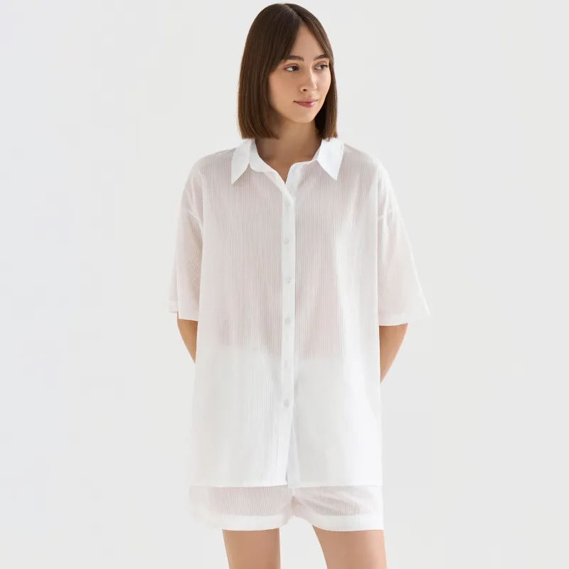 Women's shirt, homewear, size L, with short sleeves, cotton, white, Stripes, Leticia