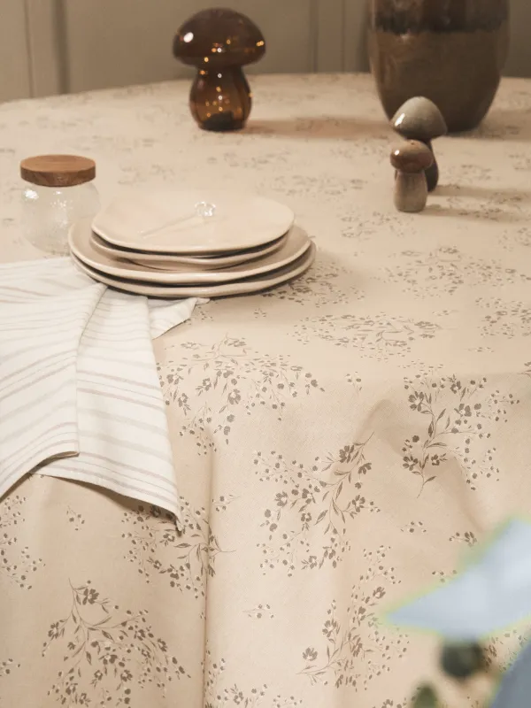 Tablecloth, 160x160 cm, PU coated, polyester / viscose / linen, beige, Branches with flowers, Branches, image-9