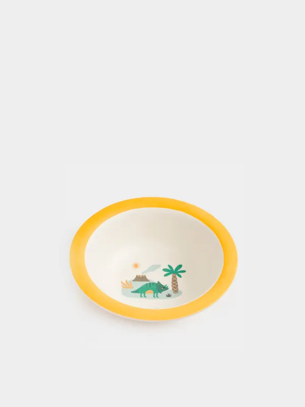 Soup plate, children's, 15x4 cm, bamboo, yellow, Dinosaur and palm tree, Dino, image-1