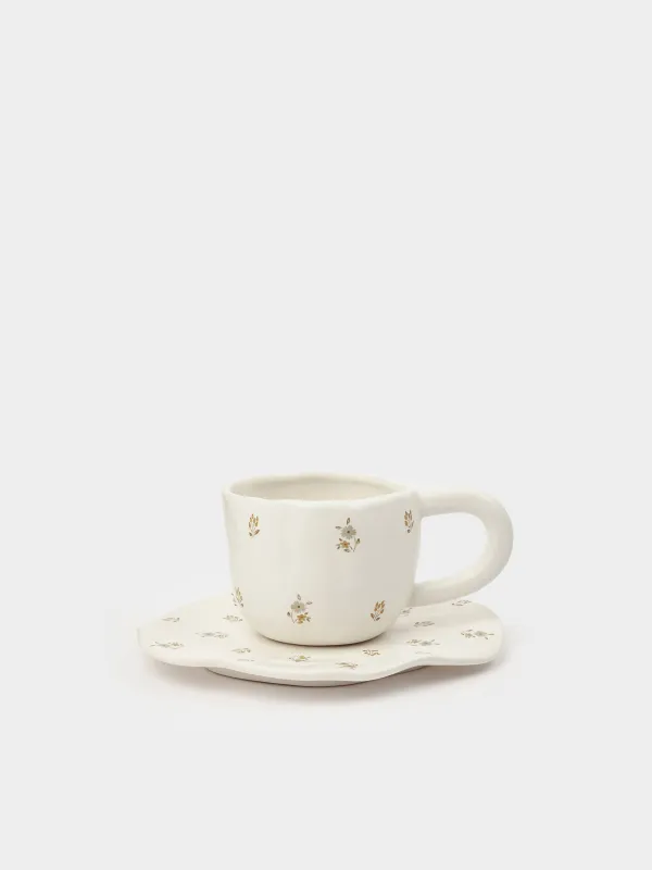 Tea pair, 1 person, 2 items, 460 ml, ceramics, milky, Vintage flowers, La flore, image-0