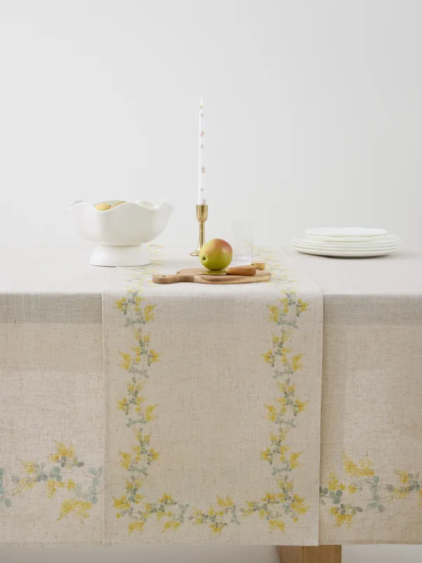 Table runner, 40x160 cm, polyester / linen, beige, Mimosa, Mimosa flowers, image-2