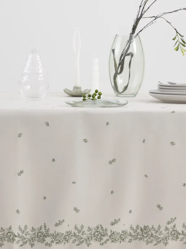 Tablecloth, 170x250 cm, jacquard, polyester, milky, Green flowers, Green flowers, image-3