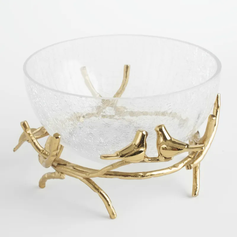 Deep dish, 21x9 cm, on a stand, glass / metal, golden, Birds, Fantastic gold, image-2