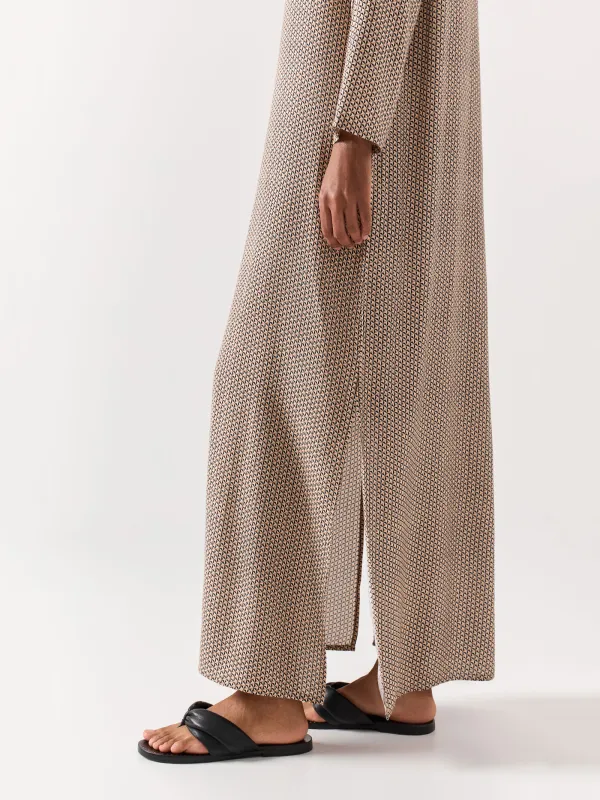 Women's dress, maxi, size S, with long sleeves, viscose, beige, Geometric Pattern, Emri, image-5