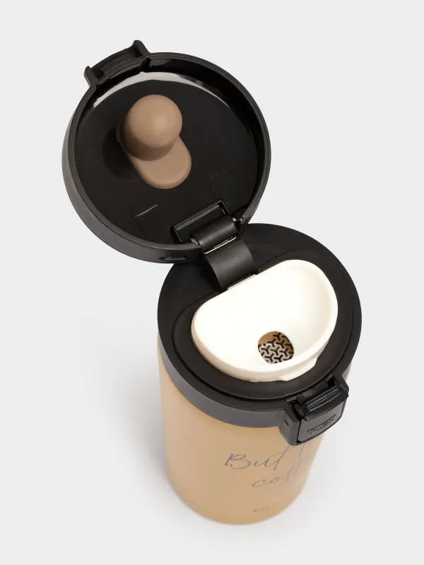 Thermo mug, 380 ml, steel / plastic, gold, matte, But first, cofee, Voyage, image-2