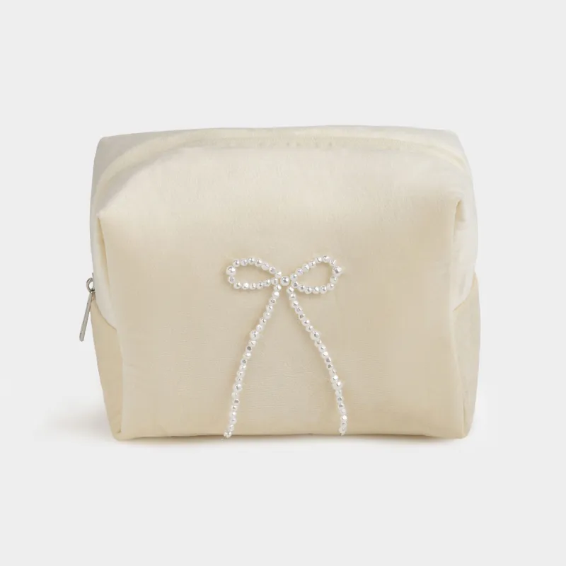 Makeup bag, 20x15 cm, polyester/plastic, milky, Pearl bow, Beauty box