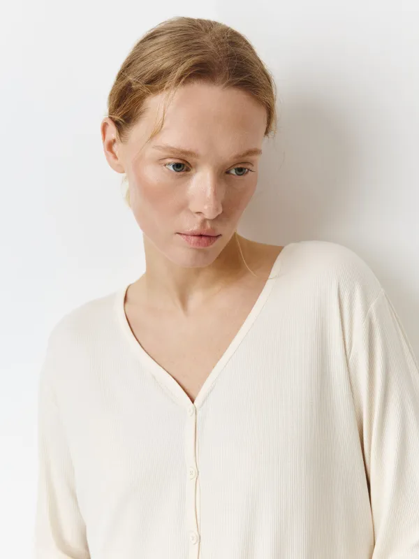 Women's cardigan, homewear, size L, with ruffles, modal / spandex, milky, Rosemary, image-1