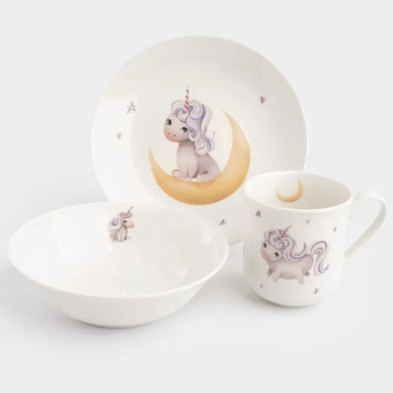 Children's tableware set, 3 items, porcelain N, white, Unicorn and month, Unicorn