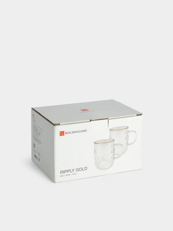 Mug, 400 ml, 2 pcs, glass, with golden edging, Ripply gold, image-5