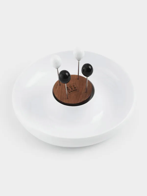 Appetizer dish, 23 cm, with skewers, porcelain P / wood, white / black, B&W, image-1