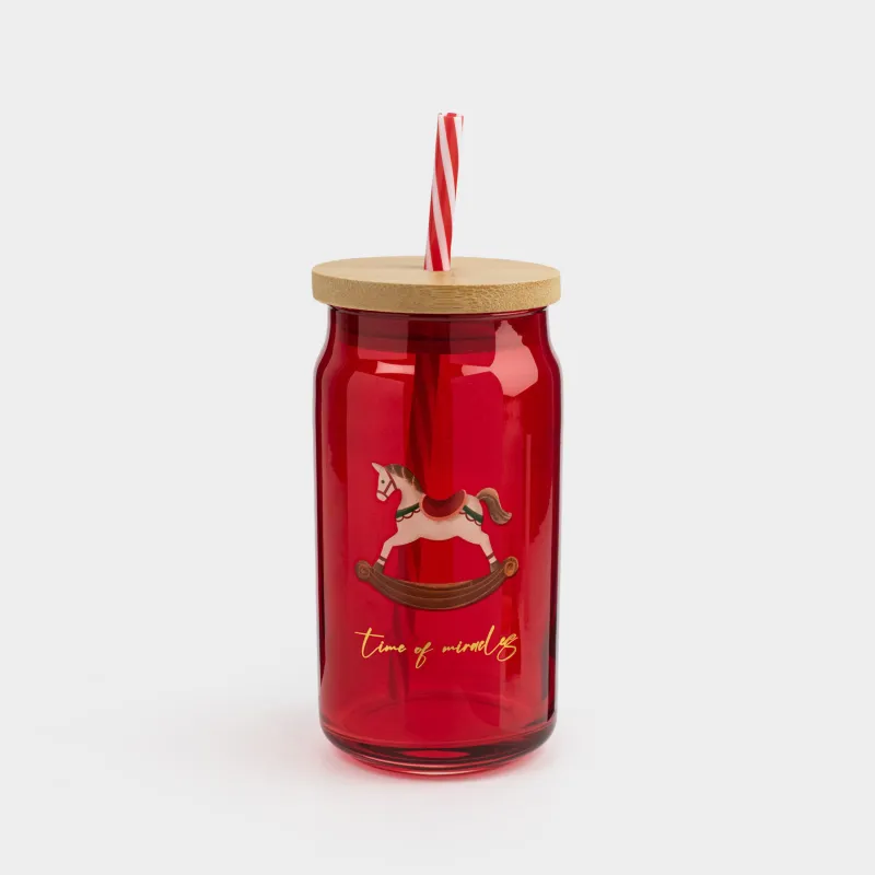 Beverage can, 450 ml, with a lid and a straw, glass, red, Horse, Crystal drink