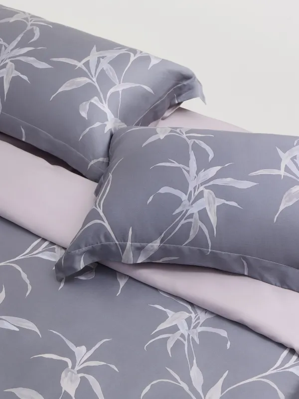 Bed linen set, euro, tencel 300 TC, gray-purple, Leaves,Tencel, image-1