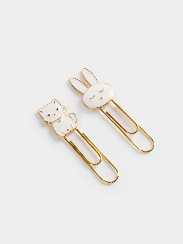 Stationery paper clip, 7 cm, 2 pcs, metal, white, Kitten and rabbit, Cat, image-1