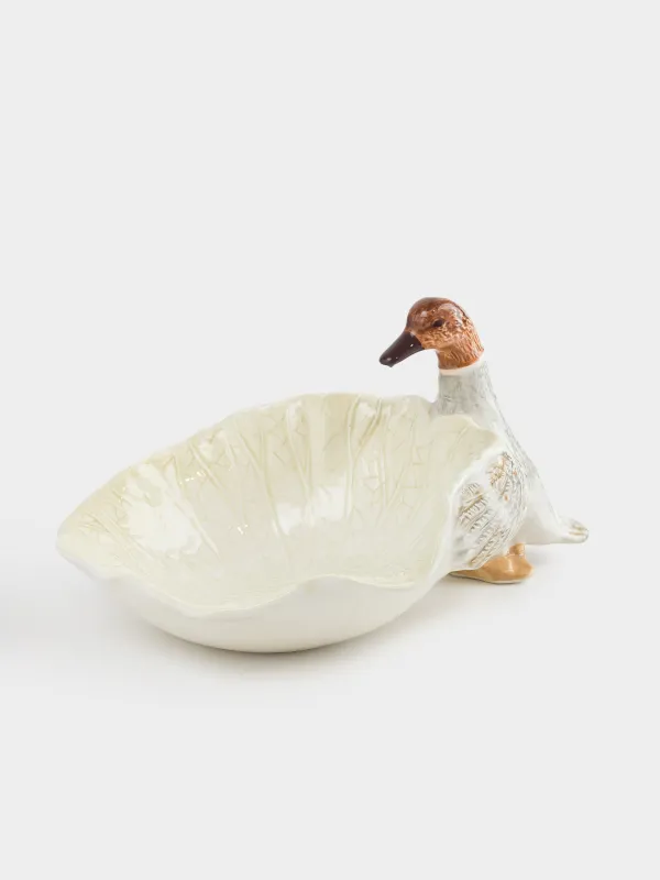 Deep dish, 20x14x18 cm, ceramic, white and gray, Duck and leaf, Duck, image-0