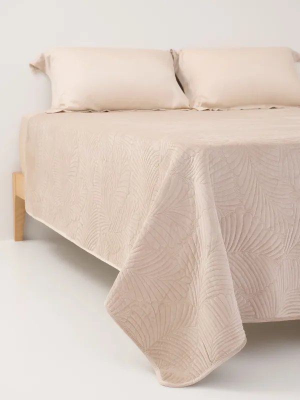 Bedspread, 220x240 cm, quilted, polyester, beige / gray, Palm leaf, Stitch velvet, image-0