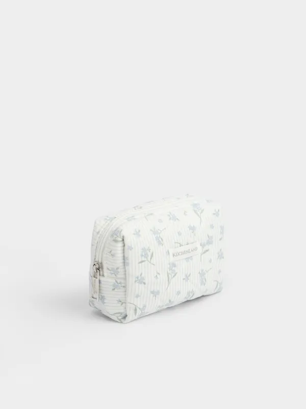 Makeup bag, 15x10 cm, quilted, polyester, white, Flowers, Stitch flowers, image-1