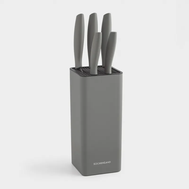Knife set, 5 pr, in stand, steel / plastic, grey, Grey steel