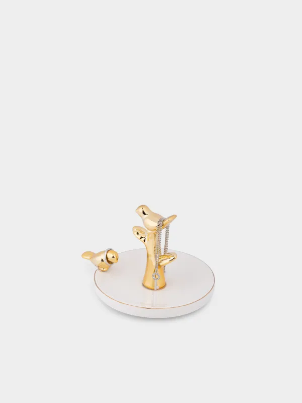 Jewelry holder, 13 cm, ceramic, white and gold, Birds on a branch, Paradise garden, image-2