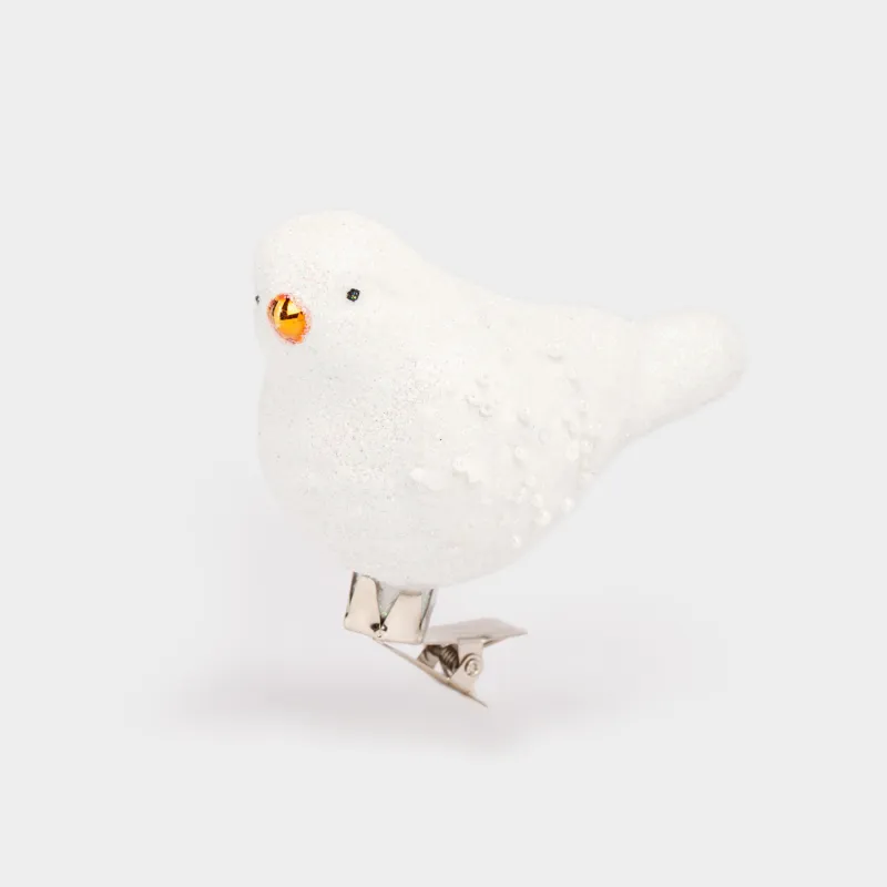 Christmas tree toy, 7 cm, on a clip, glass / metal, white, Bird, Figure sparkle