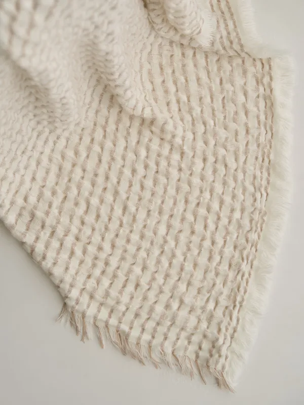 Plaid, 130x170 cm, with fringe, acrylic / polyester, milky beige, Stripes, acrylic, image-3