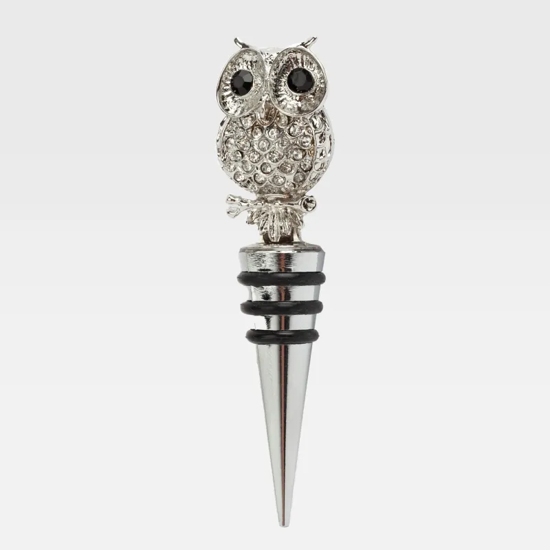Beverage bottle stopper, 11 cm, metal/rhinestones, silver, Owl, Birds
