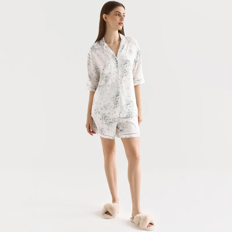 Women's shorts, homewear, size L, viscose, milky, Flowers, Arsinoa