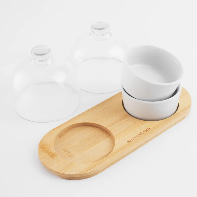 Snack set, 4 items, on a stand, ceramic / bamboo, white, Bowls with lid, Bamboo, image-4