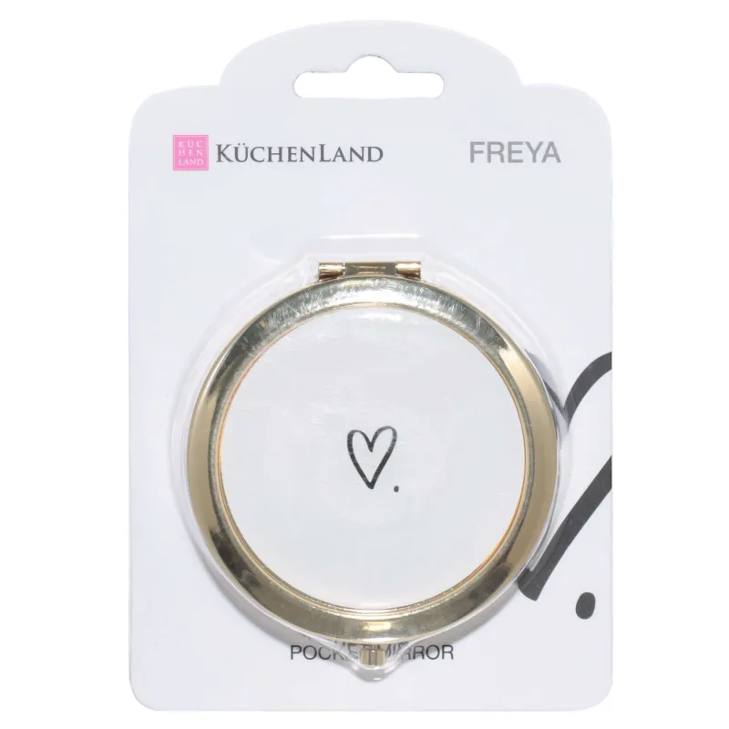 Pocket mirror, 7 cm, double-sided, metal, gold, Freya, image-4