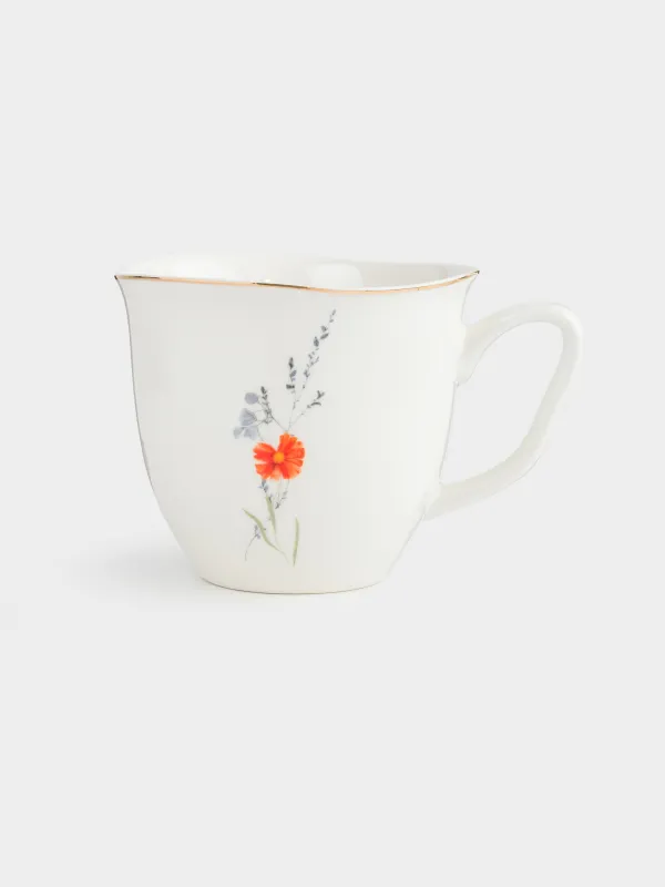 Mug, 320 ml, porcelain N, white, with golden edging, wildflowers, Yarrow, image-0