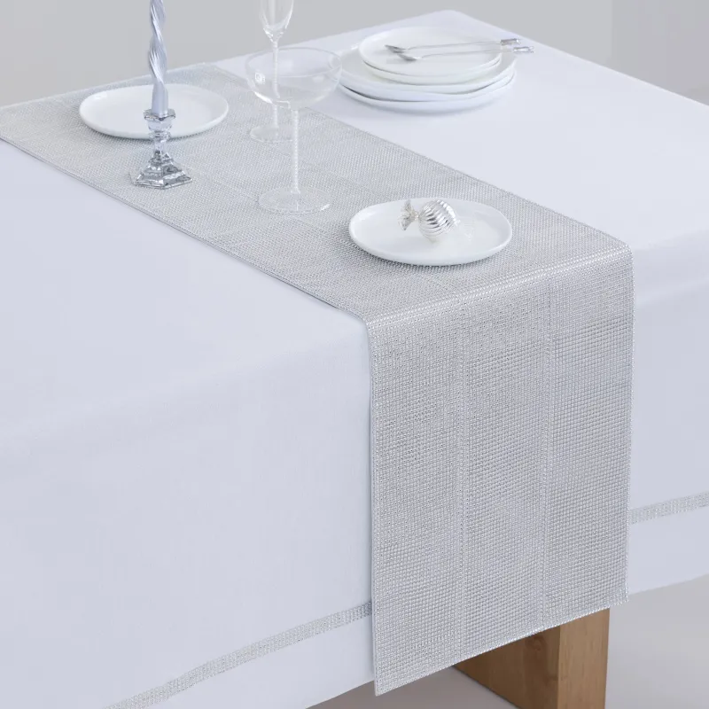 Table runner, 40x160 cm, with rhinestones, polyester / plastic, Silver, Rhinestones