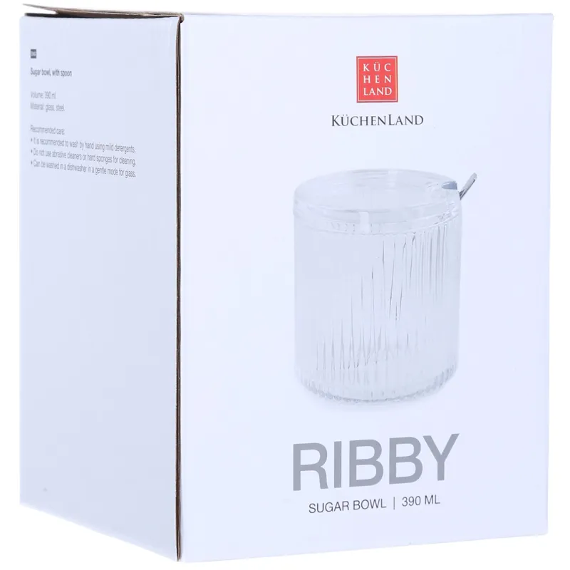 Sugar bowl, 10 cm, 390 ml, with spoon, glass R / steel, Ribby, image-3