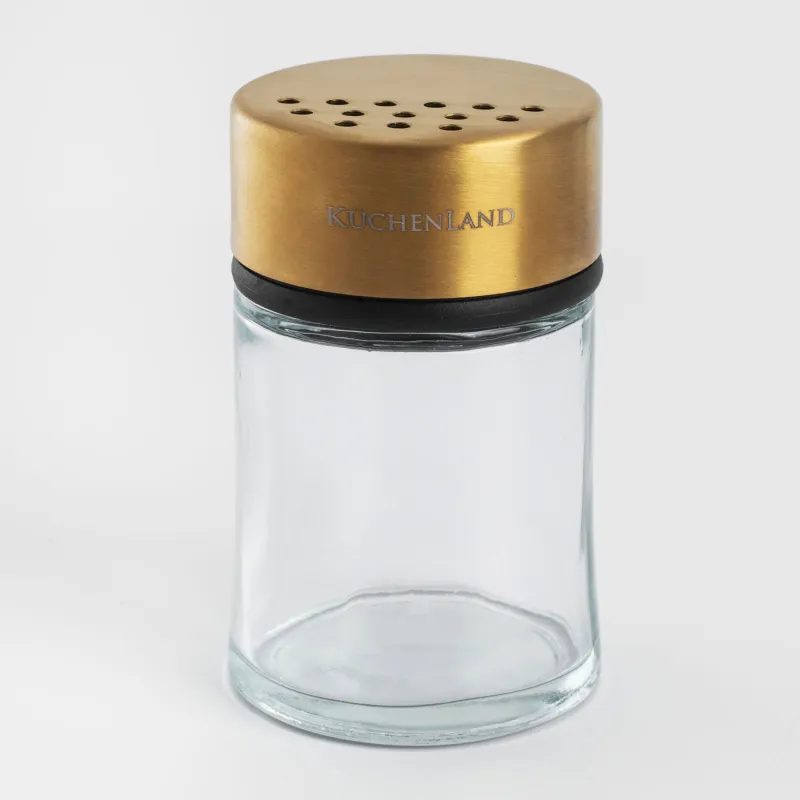 Spice container, 9 cm, with large holes, glass / steel, golden, Classic gold