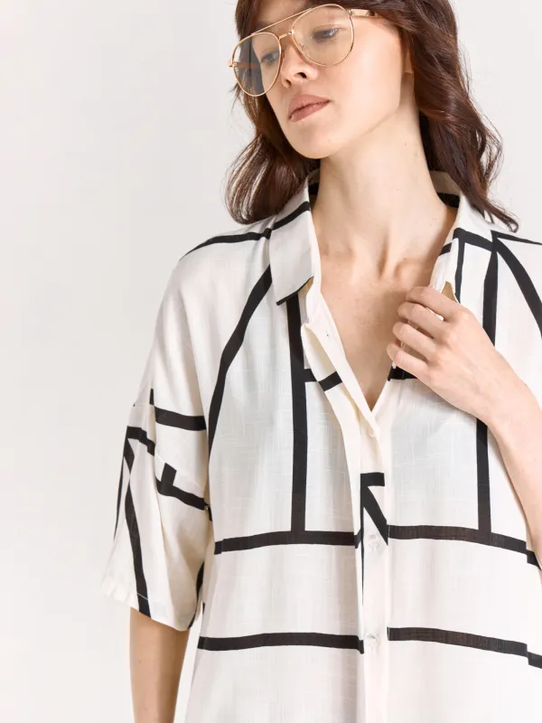 Women's shirt, size S, with short sleeves, viscose, black and white, Lines, Nataly, image-1