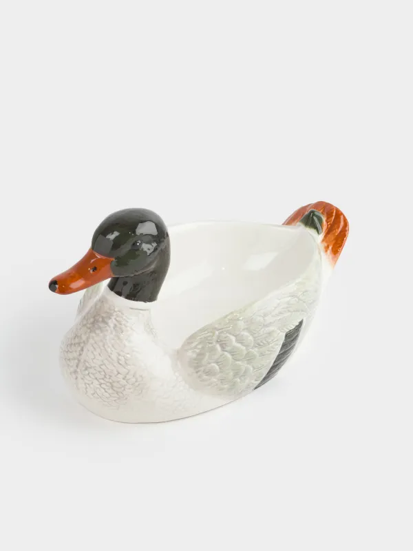 Deep dish, 33x19x18 cm, ceramic, green and white, Drake, Duck, image-0