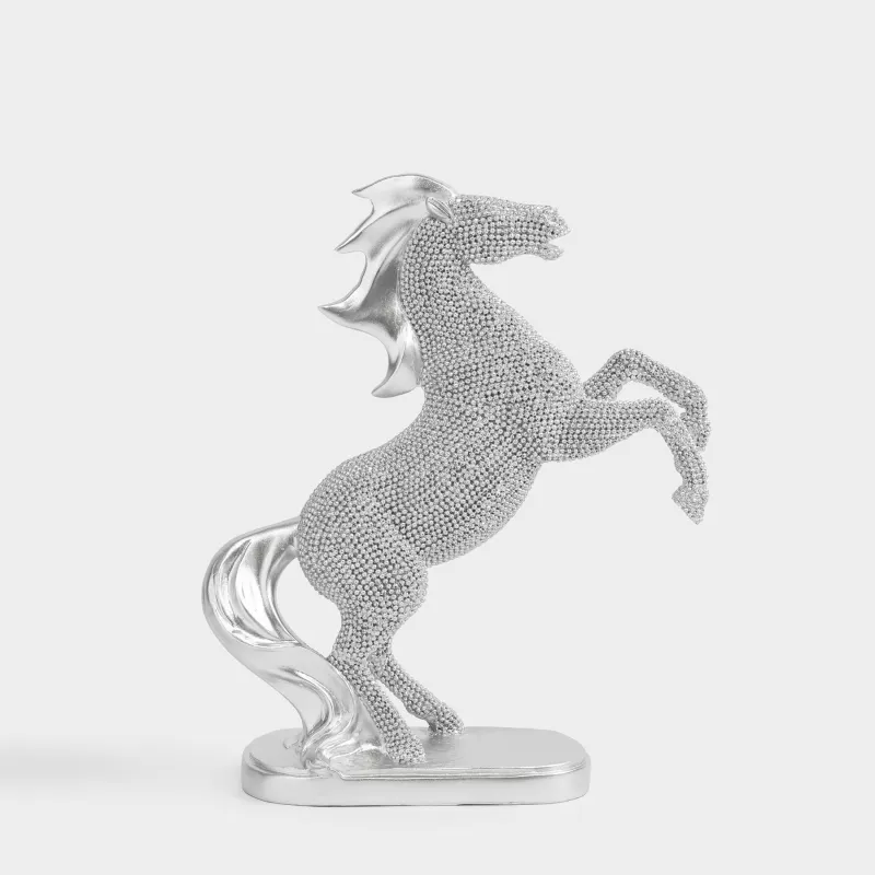 Statuette, 23 cm, polyresin, silver, Horse on hind legs, Horse silver