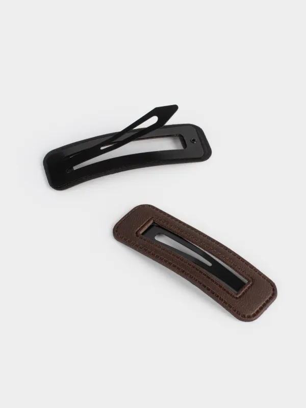 Hair clip, 7 cm, 2 pcs, polyurethane / metal, brown, Geometry, Basic Leather, image-2
