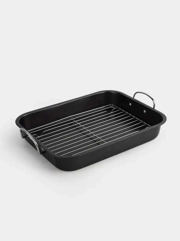 Baking tray, 37x29 cm, with handles and grill, coated, steel, black, BBQ, image-4