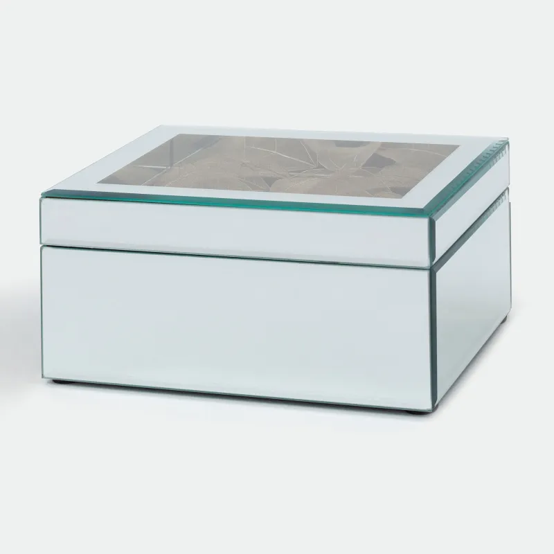 Jewelry box, 20x14 cm, glass, mirror, Golden leaves, Glossy