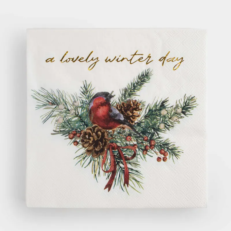 Paper napkins, 33x33 cm, 20 pcs, square, white, Bullfinch on a branch, Christmas miracle