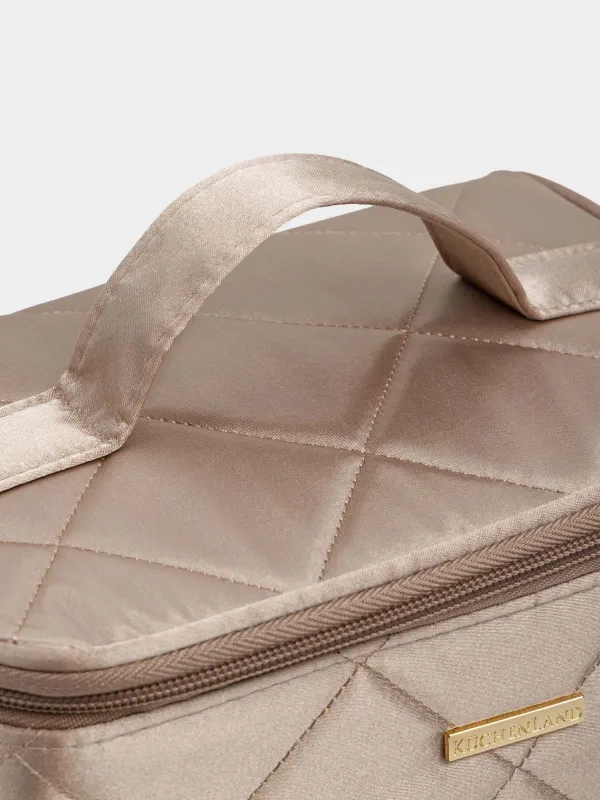 Makeup bag, 23x13 cm, quilted, with handle, satin, beige, Quilted silk, image-3