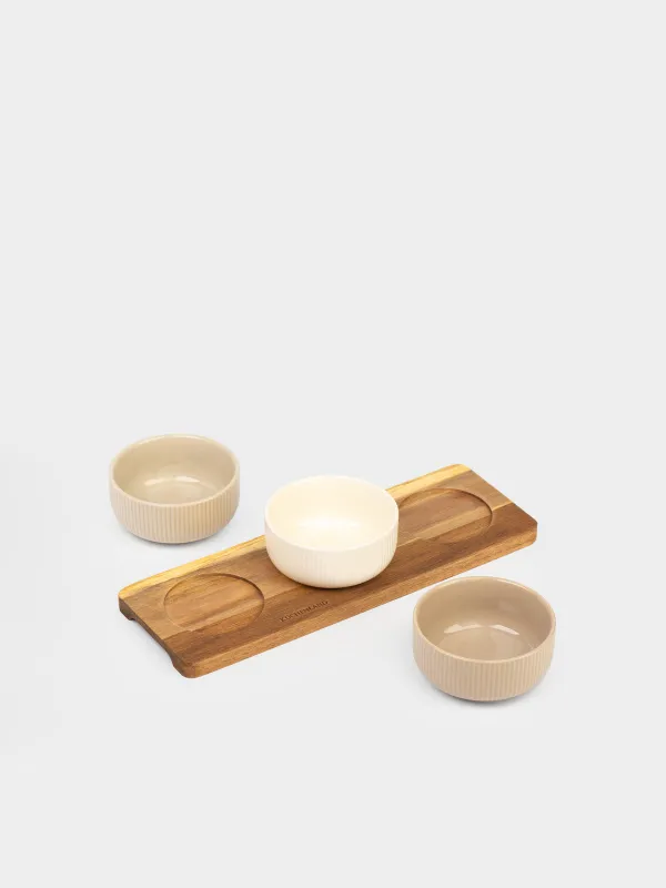 Snack set, 3 pcs, on a stand, ceramic / wood, mix, Ribbed bowls, Noble tree, image-3