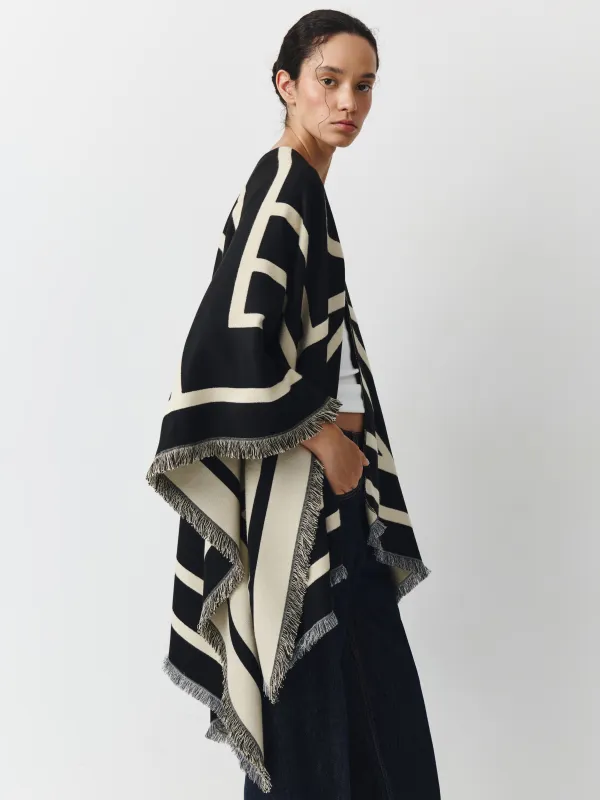 Poncho, 130x160 cm, with fringe, double-sided, viscose / polyester, milky black, poncho, image-0