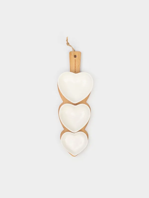 Snack set, 3 items, on a stand, ceramic / bamboo, Hearts, Heart, image-1